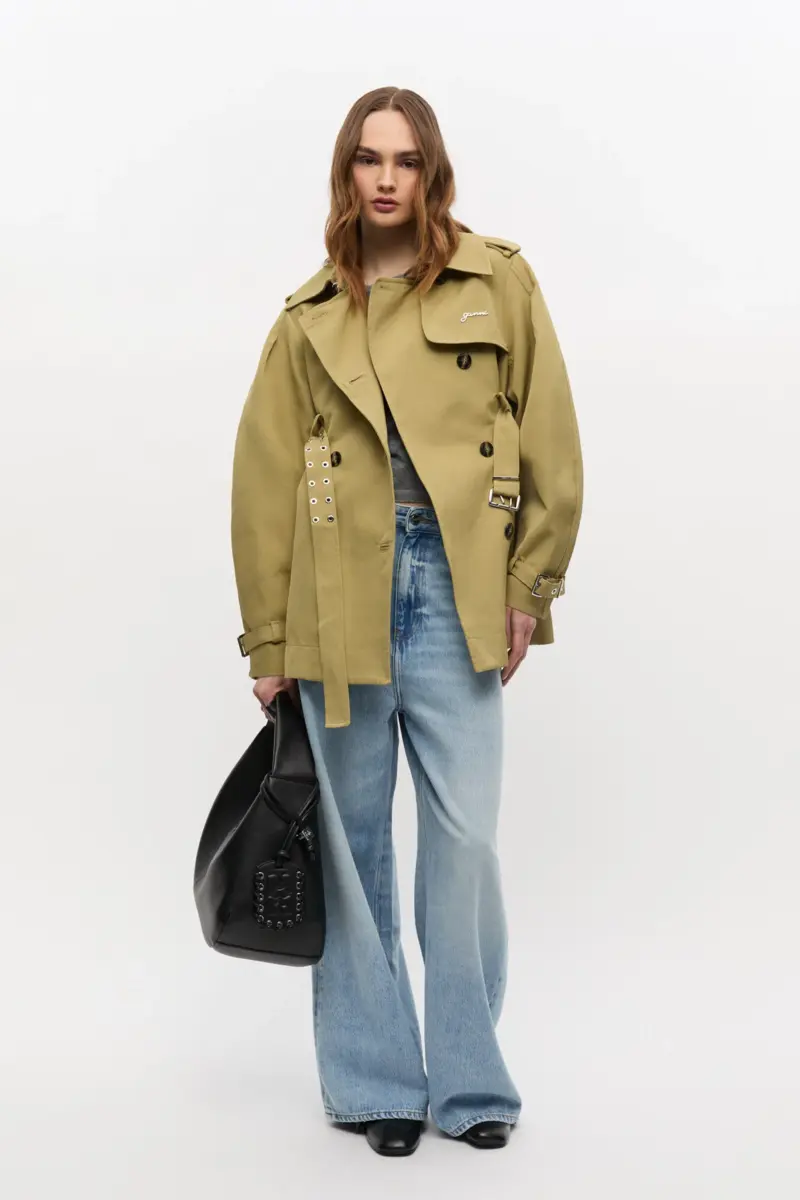 Beige zware twill midi-trenchcoat