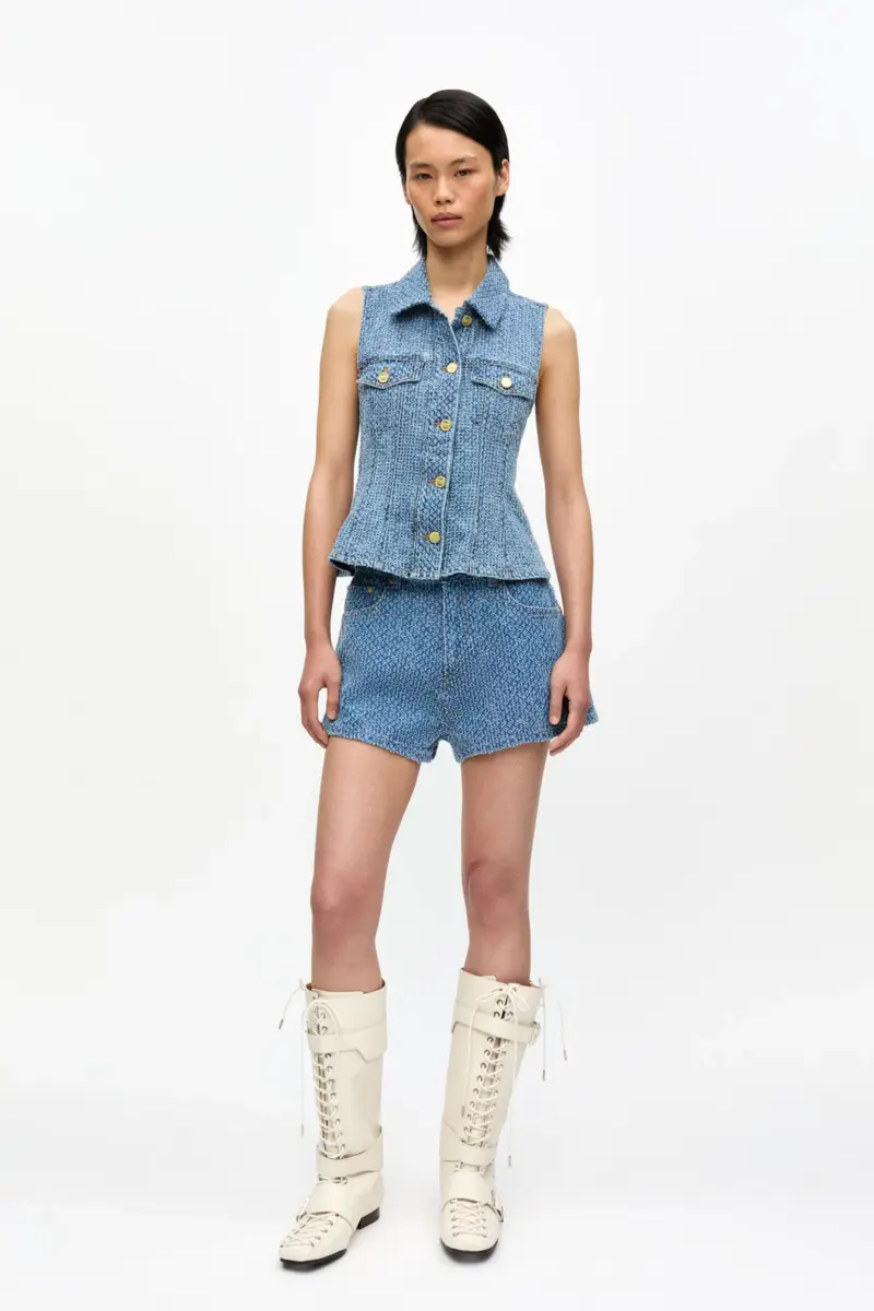 Blauwe top van gestructureerd denim