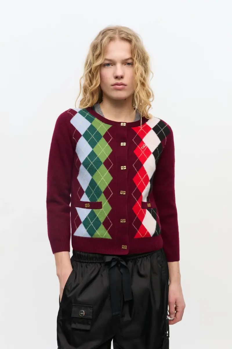 Bordeauxrode geruite cardigan