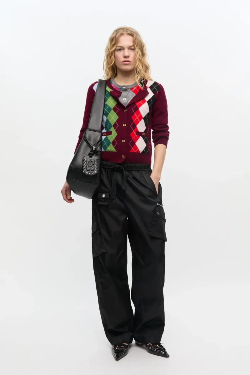 Bordeauxrode geruite cardigan