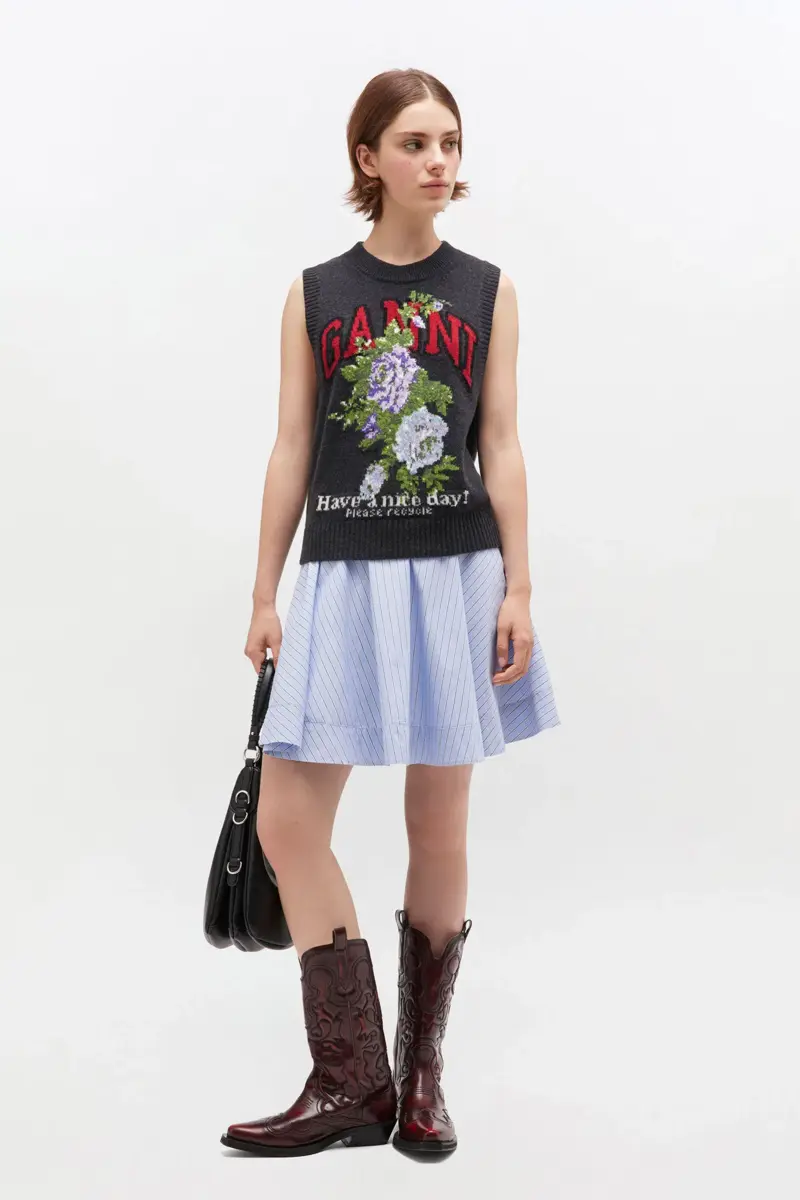 Donkergrijs wollen vest met rozenmotief