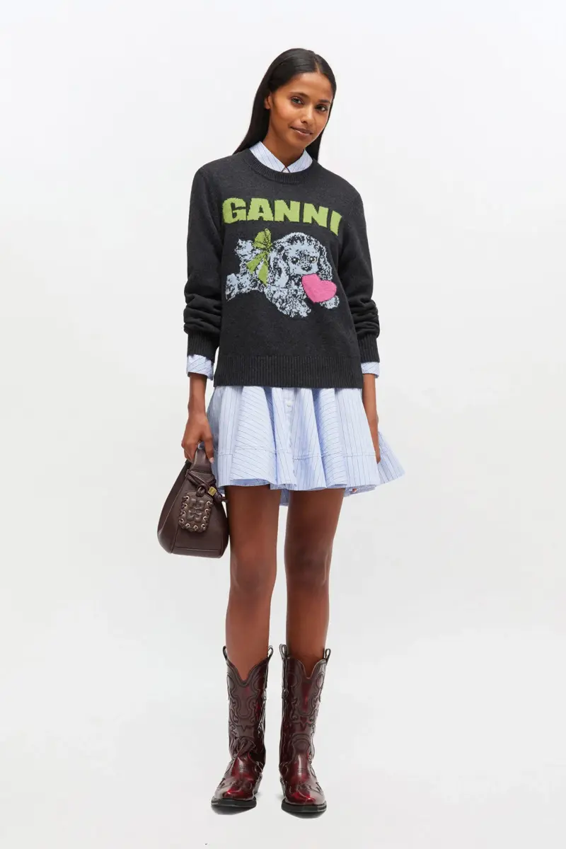 Donkergrijze wollen trui met puppyprint