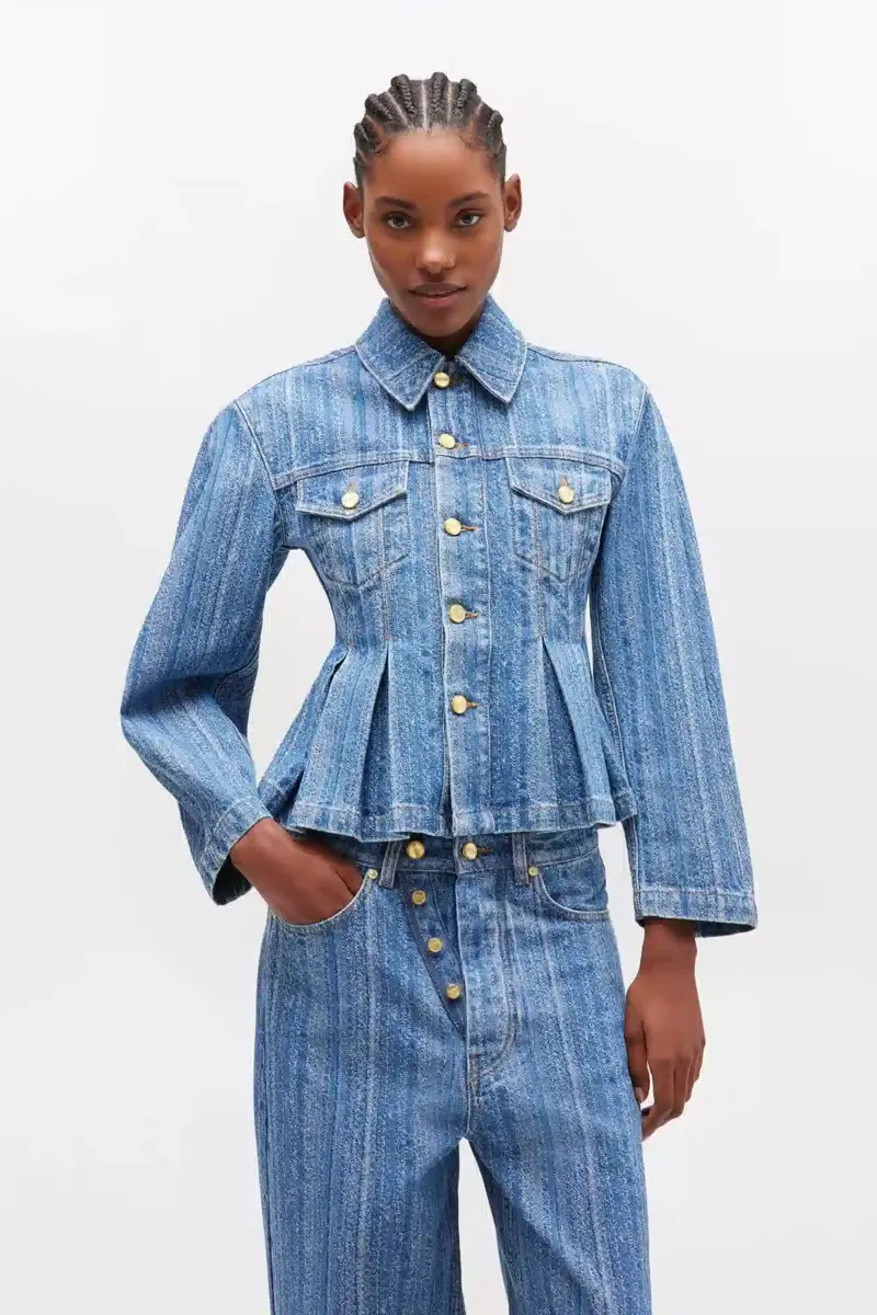 Gestreepte denim jas met plooien