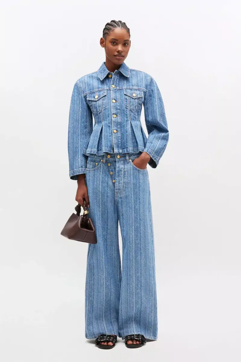 Gestreepte denim jas met plooien