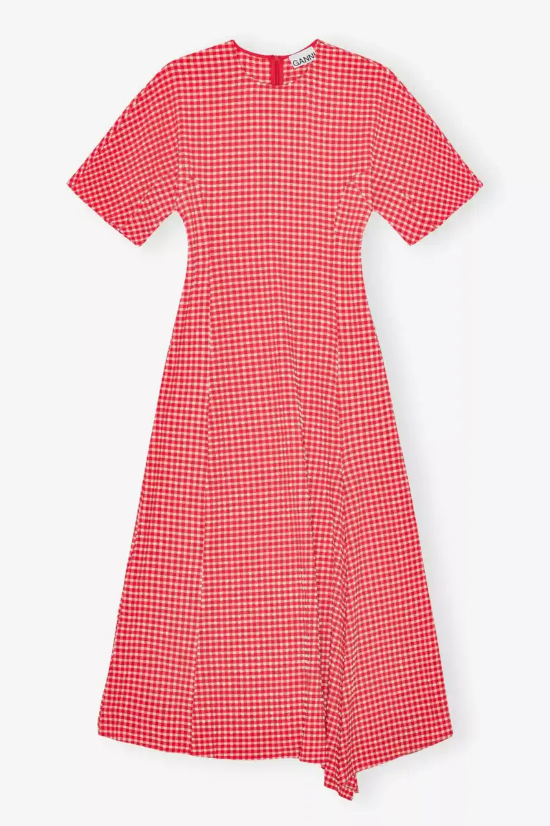 Rode stretch seersucker jurk met split