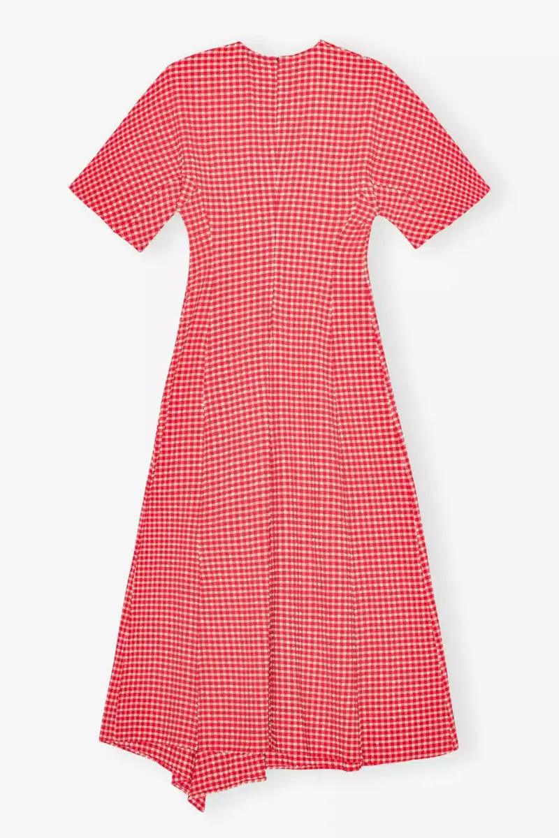 Rode stretch seersucker jurk met split