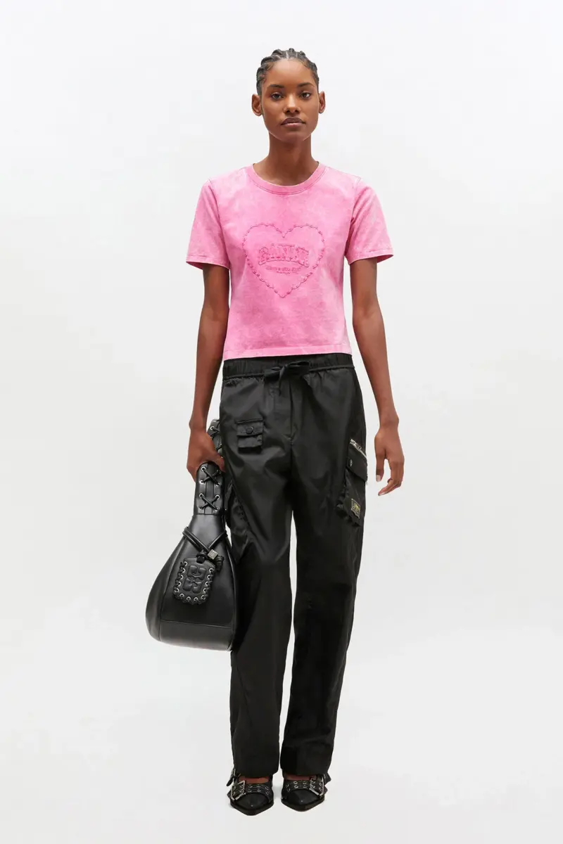 Roze gewassen cropped T-shirt met hart