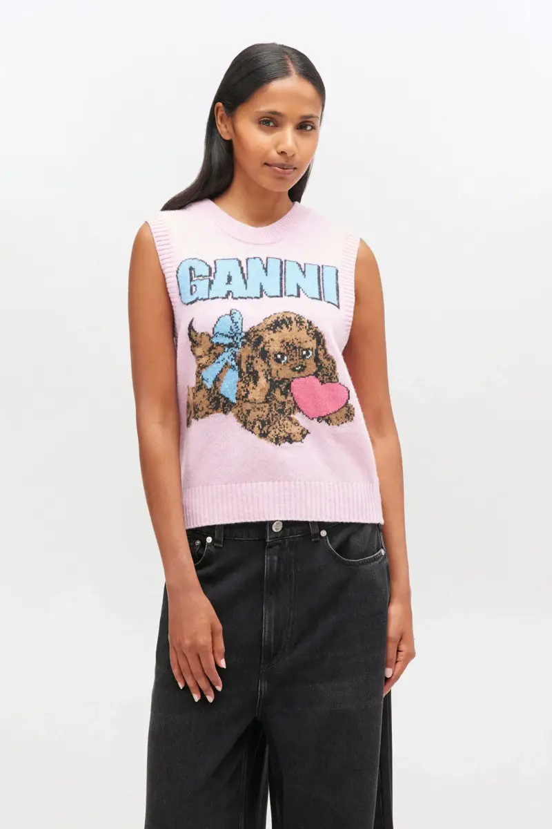 Roze wollen vest met puppyprint