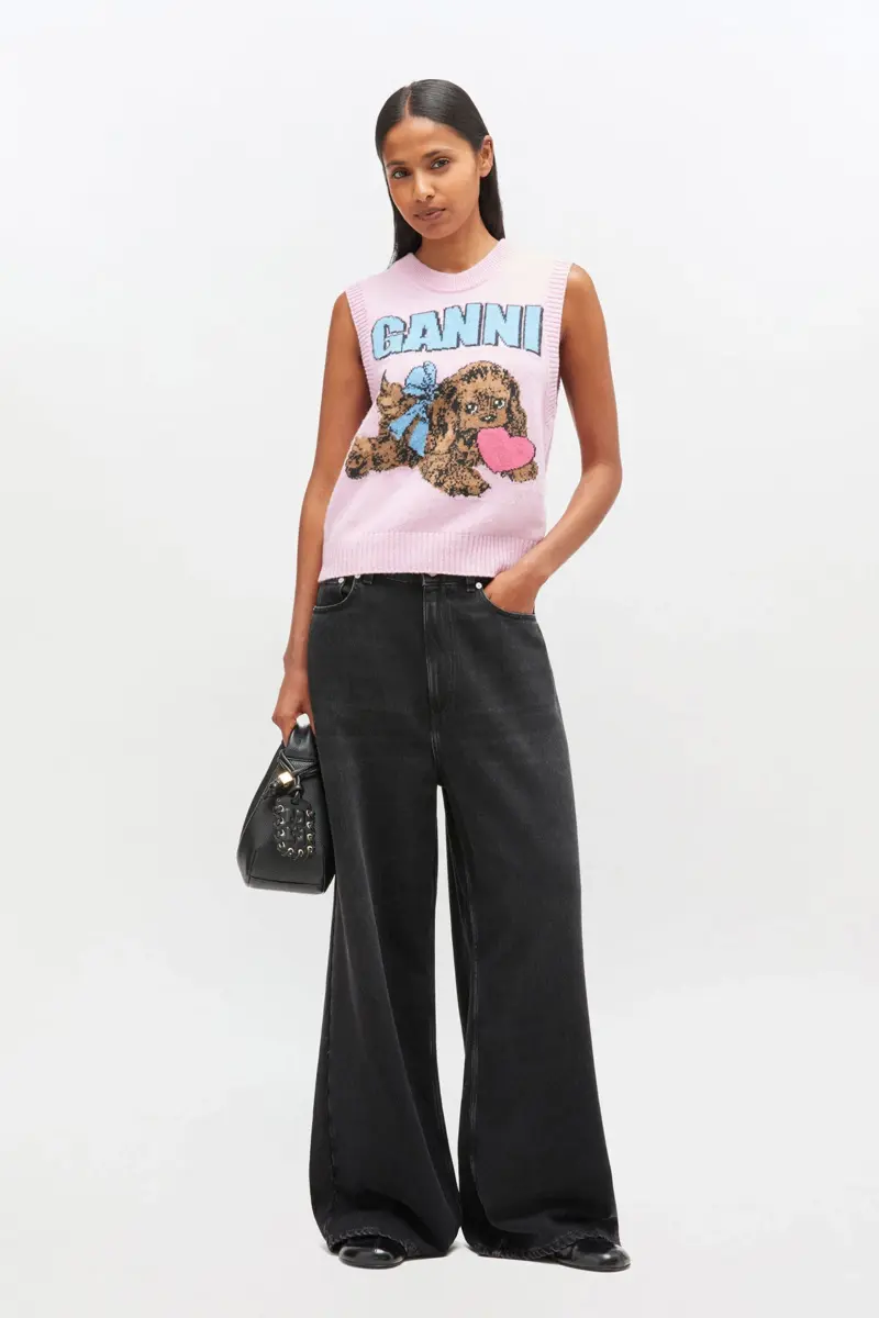 Roze wollen vest met puppyprint