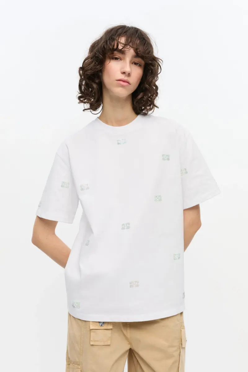 Wit T-shirt van zwaar katoen met strass