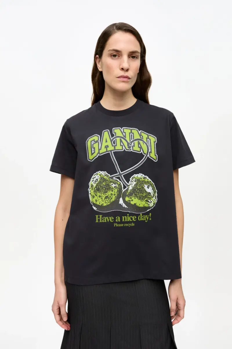 Zwart Basic Jersey Green Cherry Relaxed T-shirt
