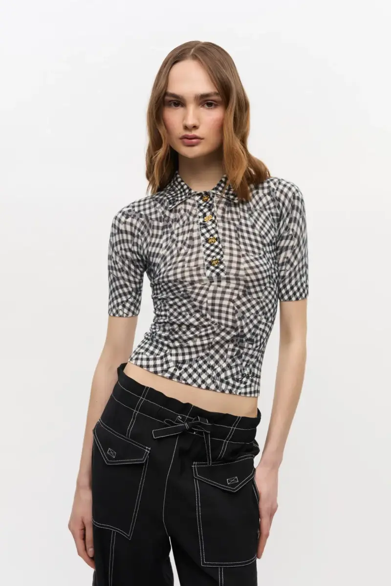 Zwart doorschijnend katoenen polo met print