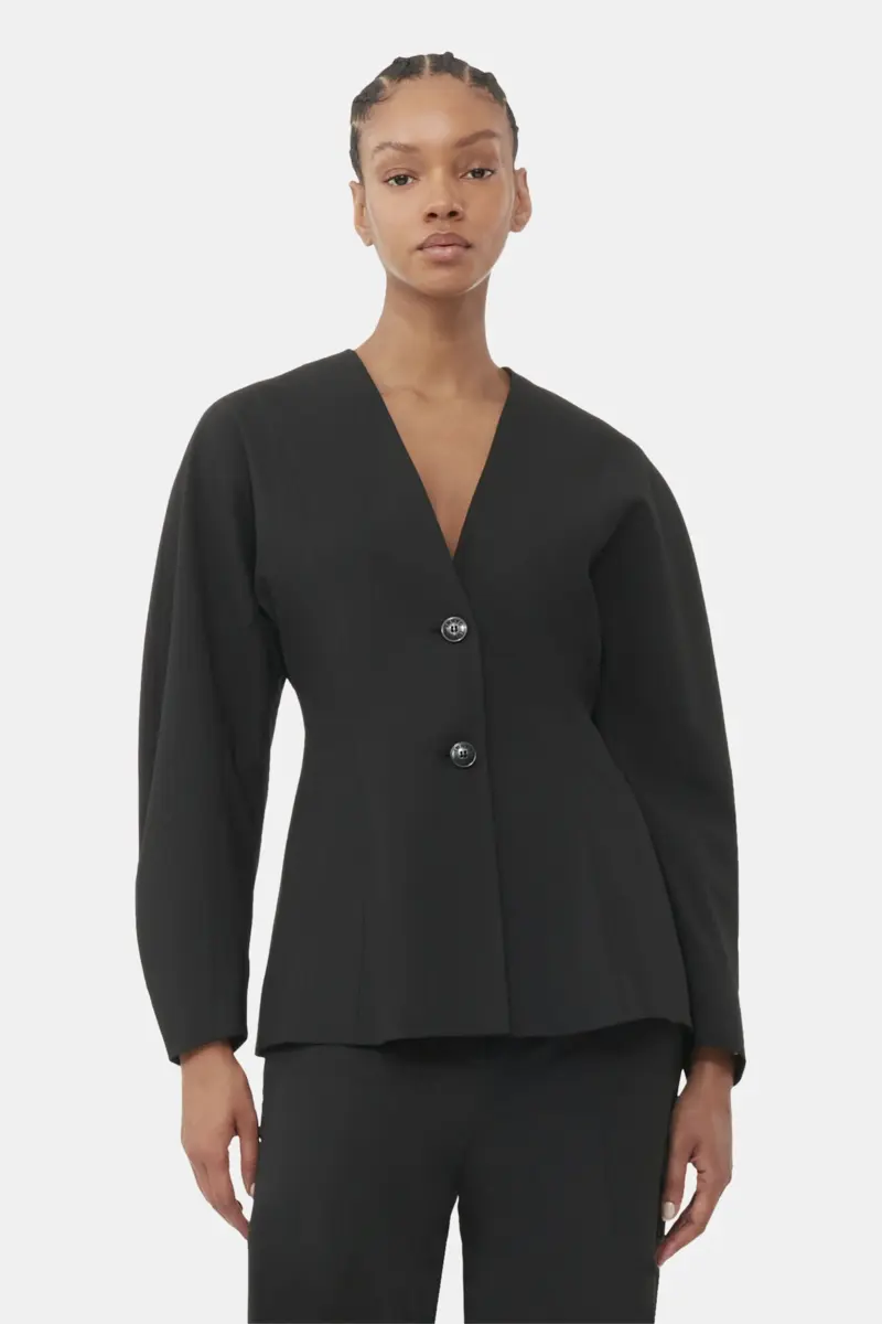 Zwarte getailleerde, soepelvallende gemêleerde blazer