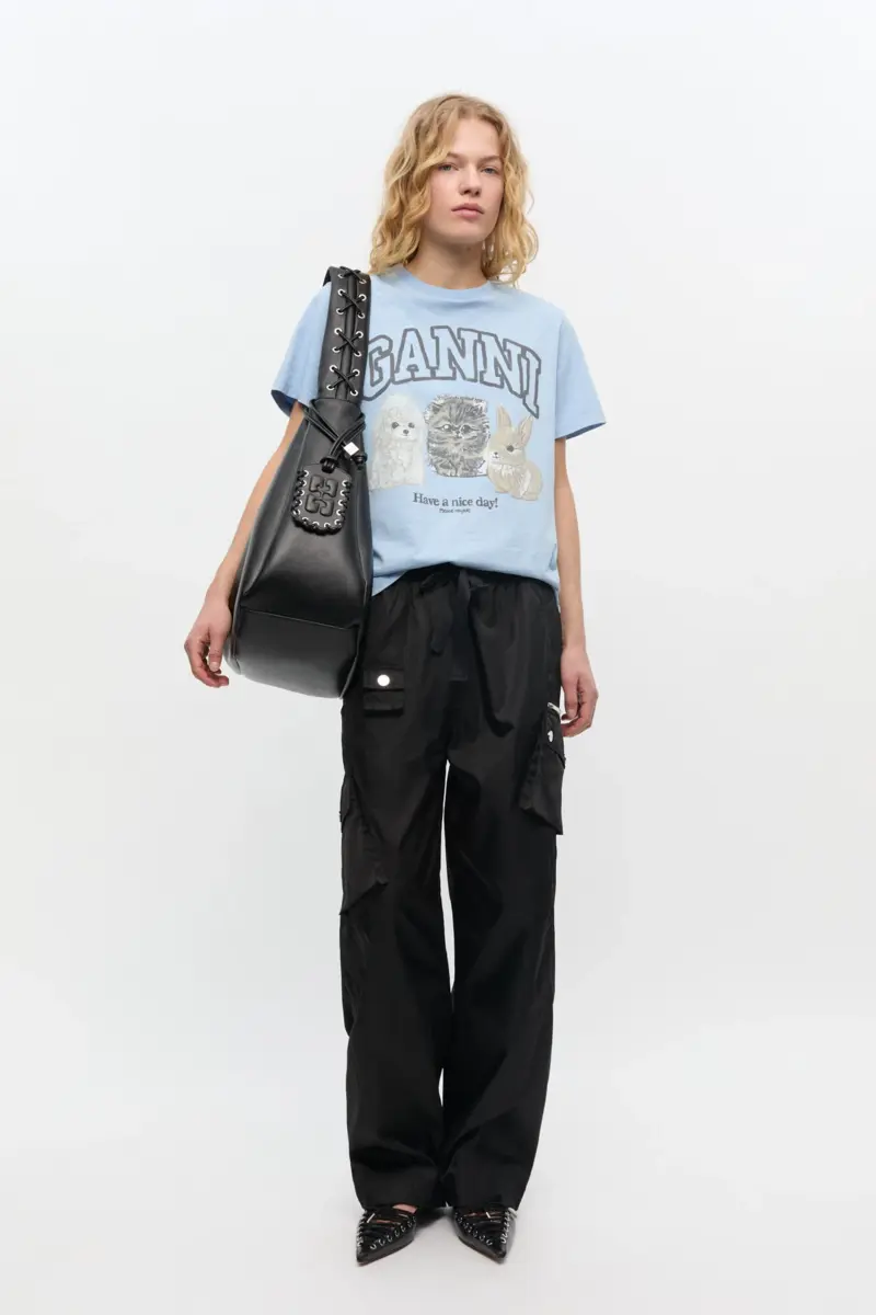 Zwarte nylon broek met elastische tailleband