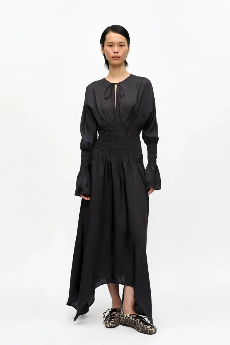 Zwarte viscose Habotai smock midi-jurk